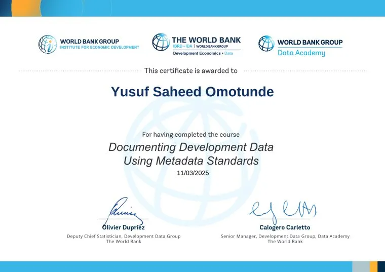 Metadata Standards certificate first page